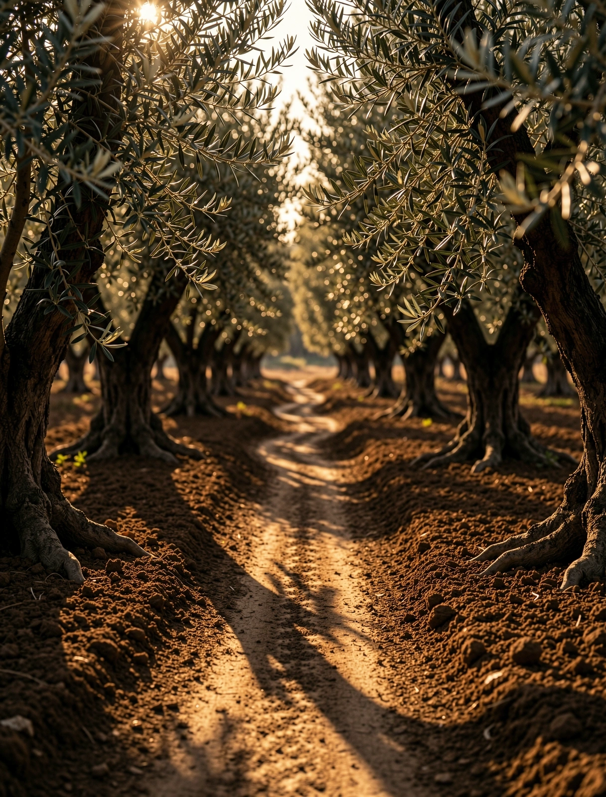 A tranquil path through an olive grove representing non-exercise activity